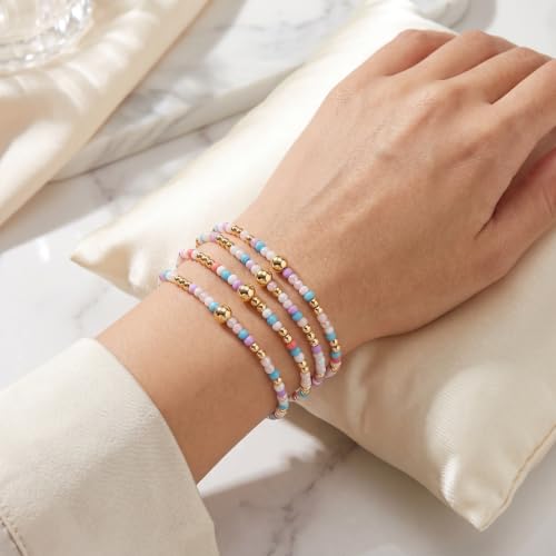 Seed Beaded Stack Bracelets Set for Women,Small Boho 4Pcs Colorful Handmade Dainty Trendy Gold Stretch Accessories Jewelry, Summer Daily Party Friendship Gift - color: Purple White