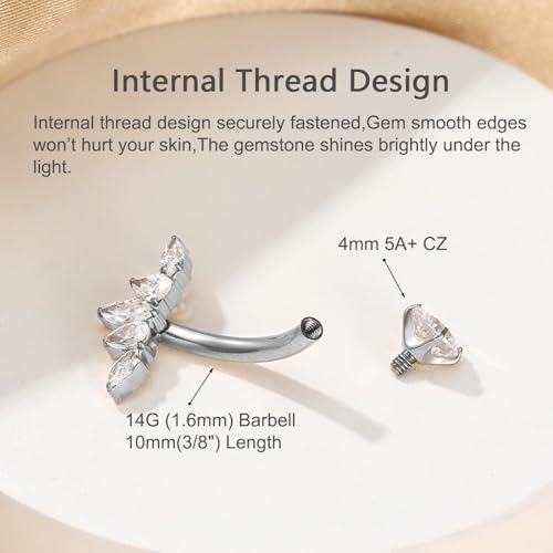 Gold Belly Button Ring, Titanium Dangle Floating Navel Piercing Jewelry - color: Silver-Lotus-10mm