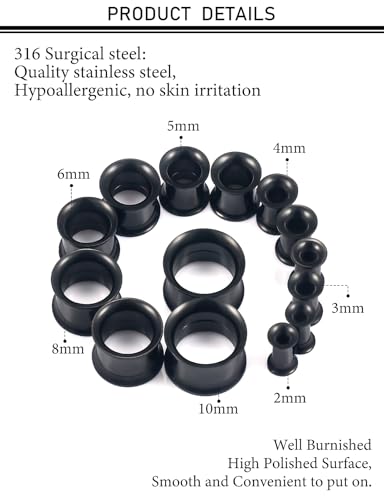 12G-25mm Double Flared Gauges Tunnels Stretching Kit 316L Surgical Steel Ear Gauges Plugs Earring Lobe flesh Tunnel Gauge Stretcher Silver Black Gold Color Tone - color: Black, size: 12g/8g/6g/4g/2g/0g/00g