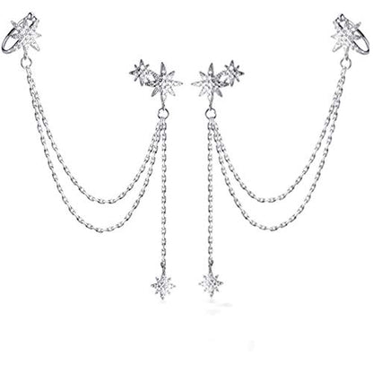 SLUYNZ 925 Sterling Silver Fashion Star Cuff Earring Chain for Women Star Crawler Earring Wrap Earrings - color: Pair-C-Silver
