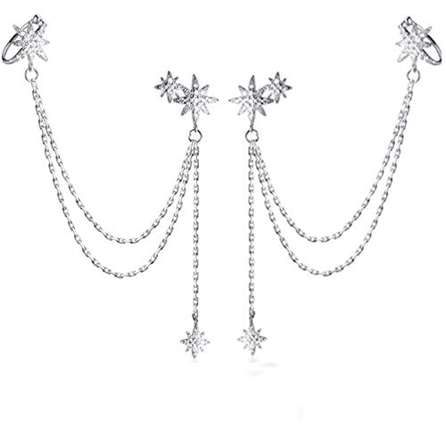 SLUYNZ 925 Sterling Silver Fashion Star Cuff Earring Chain for Women Star Crawler Earring Wrap Earrings - color: Pair-C-Silver