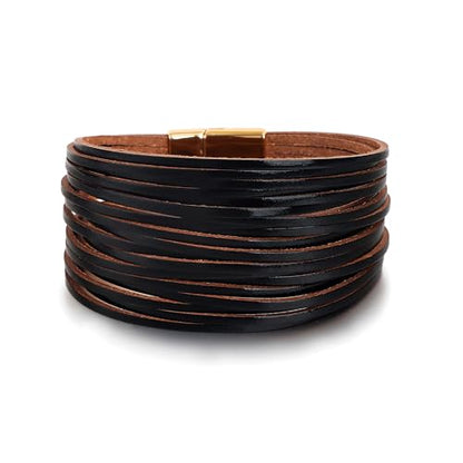 Edoneery Leather Wrap Bracelets for Women, Boho Layered Cuff Bangle | Multi-layer Leather Cuff, Daily wear, Stackable Bangle, Easy on-off, Western Jewelry Gifts for Women - color: Black-4