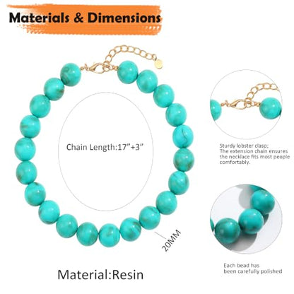 Chunky Necklaces for Women Trendy 20MM Large Resin Beaded Necklace Bold Statement Chunky Choker Necklace Boho Beads Summer Beach Jewelry - color: Turquoise