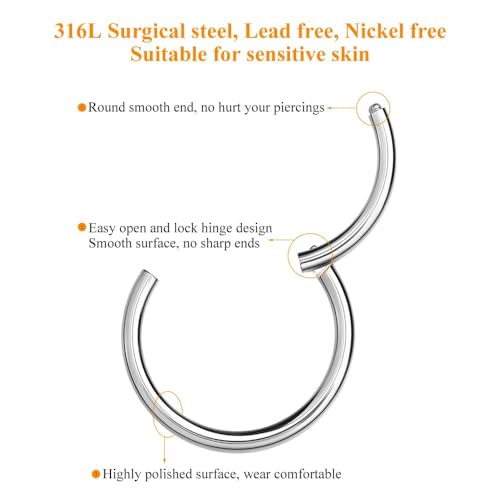MissNity 316L Surgical Steel Hinged Nose Rings Hoop 20G 18G 16G 14G, Diameter 6mm to 10mm, Color Gold - Rose Gold - Silver - Black - Rainbow - color: A01: silver - 1pc