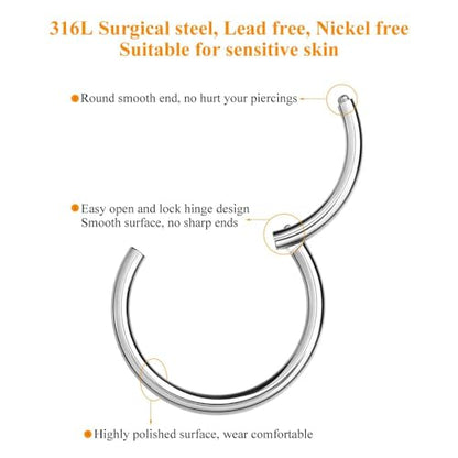 MissNity 316L Surgical Steel Hinged Nose Rings Hoop 20G 18G 16G 14G, Diameter 6mm to 10mm, Color Gold - Rose Gold - Silver - Black - Rainbow - color: A01: silver - 1pc