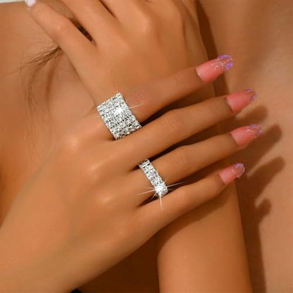 Fashion Silver Bling Rhinestone Crystal Stretch Rings Set for Women | Sparkly Rhinestone Elastic Finger Nail Ring Glitter Stretchy Stack Statement Knuckle Rings Cocktail Jewelry Accessories Pack - color: Silver
