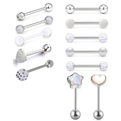 12Pcs Stainless Steel Tongue Rings 16G Curved Barbell Body Piercing Jewelry with Cubic Zirconia Heart Star Round Ball Tongue Cartilage Stud Piercing Jewelry for Women Men - color: White
