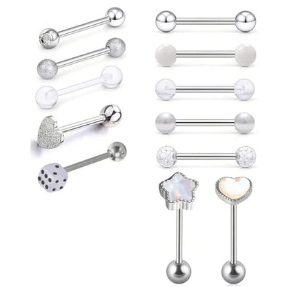 12Pcs Stainless Steel Tongue Rings 16G Curved Barbell Body Piercing Jewelry with Cubic Zirconia Heart Star Round Ball Tongue Cartilage Stud Piercing Jewelry for Women Men - color: White