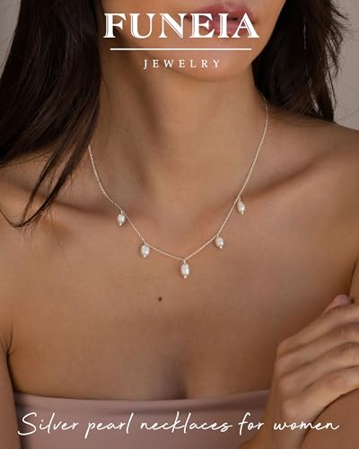 FUNEIA Dainty Pearl Necklace for Women 14K Gold Plated Faux Pearl Choker Necklaces Trendy White Silver Small Pearl Necklace Strand Wedding Prom Bridal Pearls Jewelry 14/16/18/20 Inches - color: I-Pearl Charm Necklace-Silver