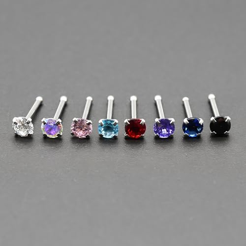 6-Piece Nose Piercing Studs Set, 20G Stainless Steel Nose Studs, 3mm Crystal Heart Star Round Shapes, 0.8x7mm Bone - color: Purple