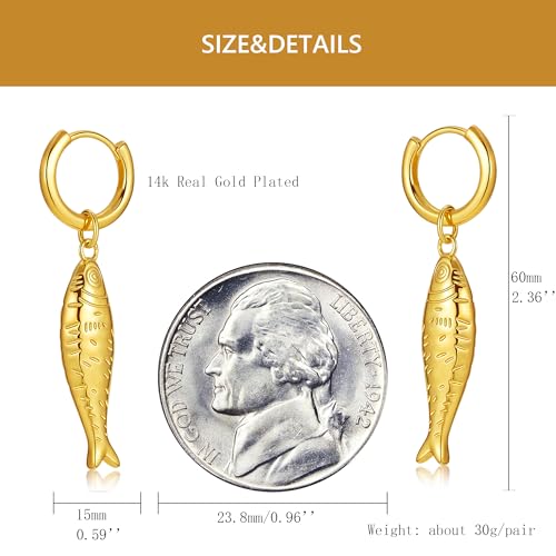 Evabelle Gold Hoop Earrings for Women 14K Real Gold Plated Cubic Zirconia Diamond Hoop Earrings Huggie Hoop Earring Women Earrings Earring for Men 925 Sterling Silver Post Hypoallergenic - color: Hoops 16-Fish Earrings