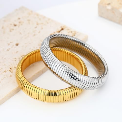 Gold Chunky Stretch Snake Chain Bangle Bracelets Stack for Women Trendy, 18K Gold Filled Stainless Steel Stretchy Womens Stackable Wristband Bangles Bracelet Set - style: GOLD&SILVER 16MM