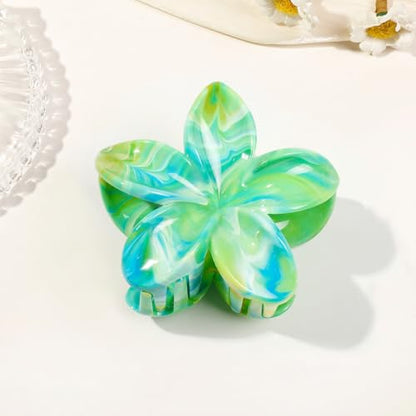 Flower Hair Clips for Women Girls Claw Clips Set Emerald-Green Plumeria with Marble Design Barrettes Summer Hair Clip Fashion Hair Styling Accessories for Thick Thin Hair(3Pcs:1Large 2Small) - color: Emerald-Green