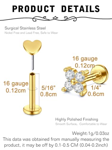 20g 16g Tragus Piercing Jewelry Helix Earrings Threadless Flat Back Earrings for Women Forward Helix Cartilage Earring Tragus Jewelry Medusa Labret Lip Piercing Jewelry Lip Studs 16 Gauge 8mm - color: B7 - threadless 16g 6+8mm - gold