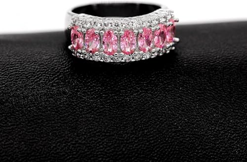 Uloveido Beautiful Women's 7 Stones Wedding Band Oval Cubic Zirconia Engagement Anniversary Rings J501 - color: Platinum-Pink
