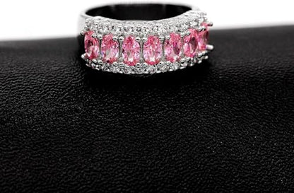 Uloveido Beautiful Women's 7 Stones Wedding Band Oval Cubic Zirconia Engagement Anniversary Rings J501 - color: Platinum-Pink