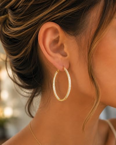 Stainless Steel Inside Out 40mm Hoop Earrings for Women – Sparkling CZ Crystal Hoops, Hypoallergenic, Lightweight, Modern Everyday Earrings – Silver, 18K Gold Plated, & Black Options - color: 18K Gold Plated