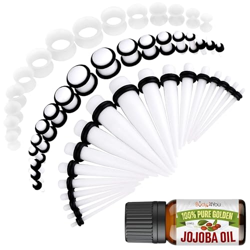 BodyJ4You 54PC Ear Stretching Kit 14G-12mm - Aftercare Jojoba Oil - Acrylic Plugs Gauge Tapers Silicone Tunnels - Lightweight Expanders Men Women - color: White