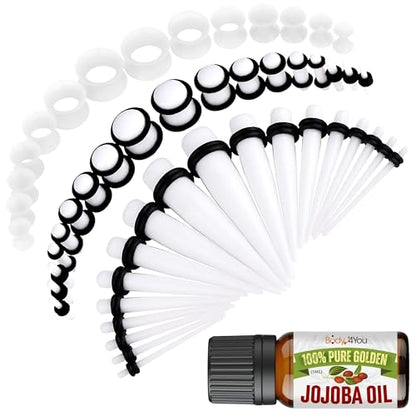BodyJ4You 54PC Ear Stretching Kit 14G-12mm - Aftercare Jojoba Oil - Acrylic Plugs Gauge Tapers Silicone Tunnels - Lightweight Expanders Men Women - color: White
