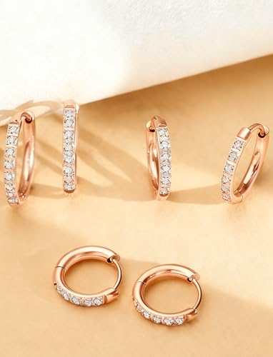 316L Surgical Steel Huggie Hoop Earrings | Dainty Pave Cubic Zirconia Cartilage Tiny Earring for Sensitive Ears Hypoallergenic Lightweight for Women Men - style: Rose Gold Plated,20G*8/10/12mm