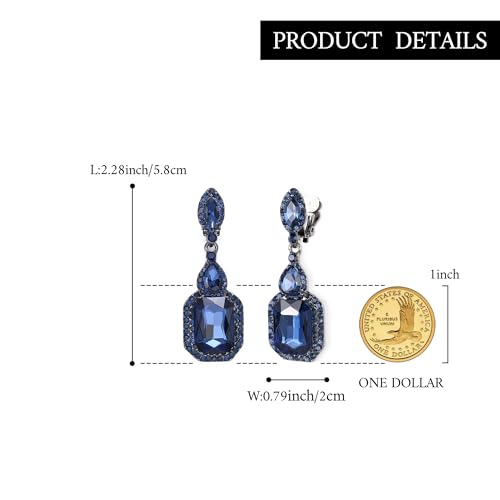 Women's Wedding Bridal Crystal Emerald Cut Infinity Figure 8 Chandelier Clip-On Dangle Earrings - color: Navy Blue Black-Tone