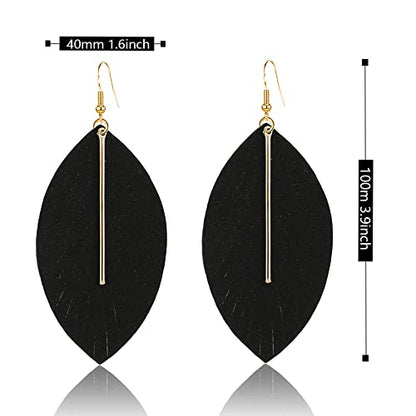 GBAHFY Feather Leather Layered Fringe Earrings for Women Boho Genuine Lightweight Leather Leaf Tassel Dangle Statement Earrings with Metal Bar - color: Black