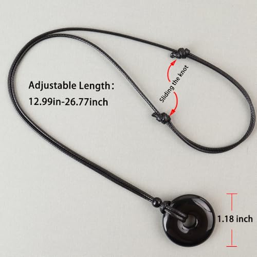 FANASY Natural Gemstone Pendant Necklce Lucky Coin Crystal Necklace Protection Donut Pendnat with Adjustable Rope for Men Women - color: Black obsidian