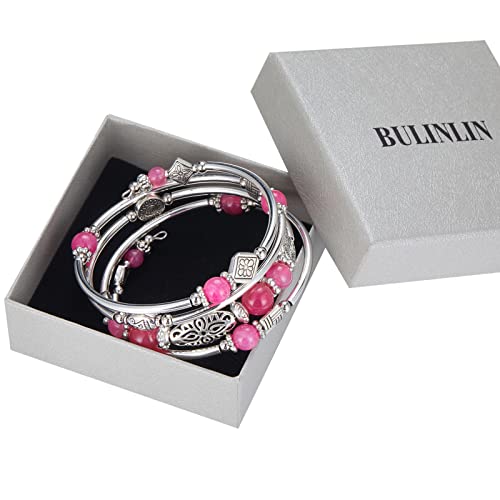 BULINLIN Layered Wrap Bangle Turquoise Bracelet - Bead Bracelet with Natural Agate Stone, Gifts For Women - color: 03-Hot pink
