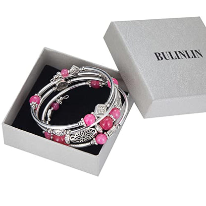 BULINLIN Layered Wrap Bangle Turquoise Bracelet - Bead Bracelet with Natural Agate Stone, Gifts For Women - color: 03-Hot pink