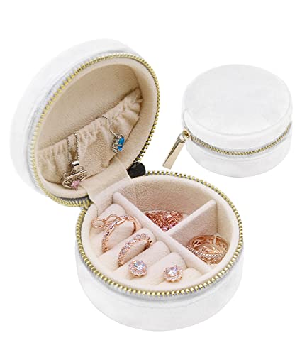 TAIMY Travel Jewelry Organizer, Small Round Velvet Travel Jewelry Case for Women Girls, Portable Mini Jewelry Travel Organizer Boxes for Rings Earrings Necklaces Bracelets(White) - color: Round-White