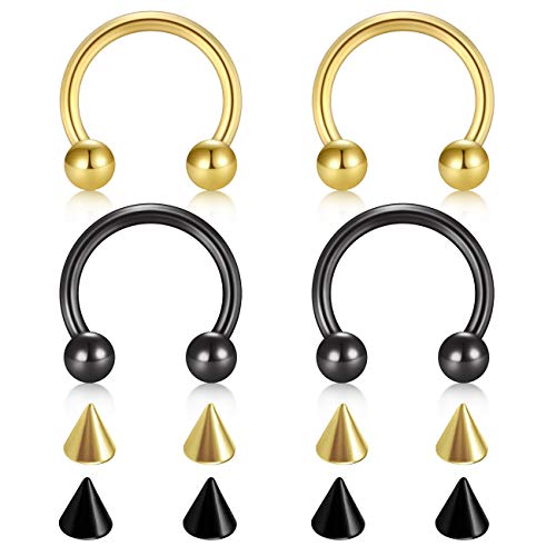 D.Bella 22G 20G 18G 16G 14G 12G 10G 8G 6G 4G 2G 0G 00G Surgical Steel Nose Septum Horseshoe Hoop Eyebrow Lip Navel Belly Nipple Piercing Ring Helix Tragus Daith Rook Captive Earrings Replacement Spikes - color: A6 -4pcs,Gold &Black, size: 16g,10mm inner