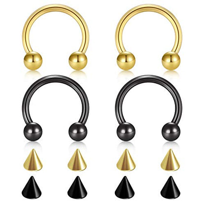 D.Bella 22G 20G 18G 16G 14G 12G 10G 8G 6G 4G 2G 0G 00G Surgical Steel Nose Septum Horseshoe Hoop Eyebrow Lip Navel Belly Nipple Piercing Ring Helix Tragus Daith Rook Captive Earrings Replacement Spikes - color: A6 -4pcs,Gold &Black, size: 16g,10mm inner