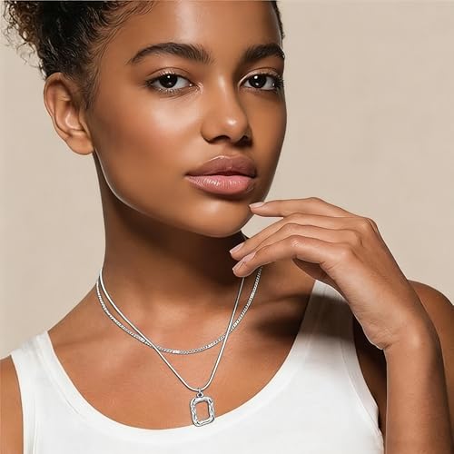Evabelle Gold Layered Necklace for Women Trendy Jewelry 14K Real Gold Plated Chunky Chain Stackable Necklaces Dainty Choker Necklaces Rectangle Square Pendant - color: Silver Necklace 01