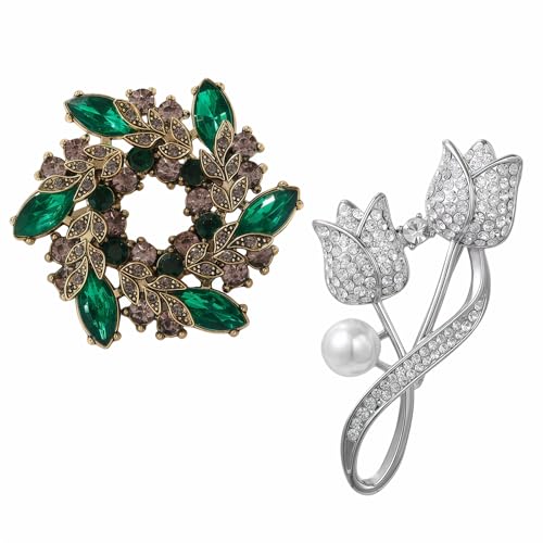 2pcs Rhinestone Brooch Pin for Women Dress Elegant Stylish Crystal Brooches Fashion Accessories Pins Lapel Boutonniere Ideas Wedding Christmas Birthday Jewelry Easter Gift - color: 10 Green/Silver