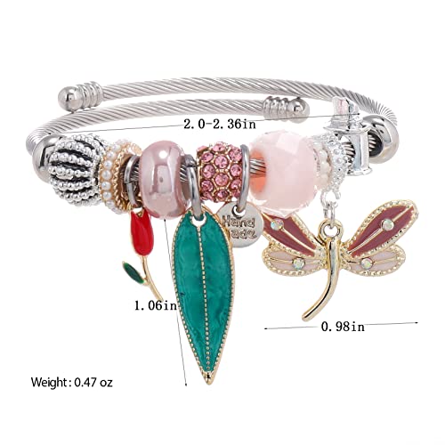 DS Charm Bracelets for girls,exquisite cute cartoon friendship bracelets Silver Stainless Steel Bangle with birthday Gift box, Adjustable girls jewelry Suitable for holiday gifts - style: Silver-pink Dragonfly