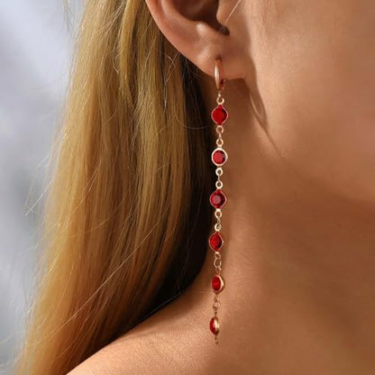 Ruby Crystal Dangle Earrings Red Rhinestone Tassel Drop Earrings Long Cz Chain Tassel Earrings Gold Huggie Hoop Earrings Ruby Wedding Earrings - color: Red