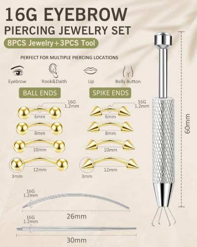 11Pcs Eyebrow Piercing Jewelry with Grabber Tool 14G/16G Stainless Steel Curved Barbell Eyebrow Jewelry Hypoallergenic Eyebrow Rings Rook Vertical Labret Navel Daith Lip Helix Conch Daith for Women Men 6mm/8mm/10mm/12mm - color: Gold, size: 16G