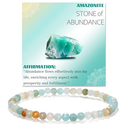 Natural Faceted Crystal Bracelet for Women,4mm Gemstone Round Beads Bracelets Adjustable Stretchy Healing Crystal Beads Bracelets Dainty Jewelry Gift - color: Amazonite