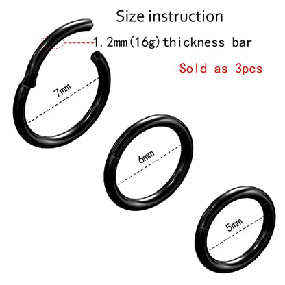 4G/6G/8G/10G/12G/14G/16G/18G/20G Hypoallergenic Nose Hoop Rings Steel Hinged Clicker Segment Gold/Rose Gold/Black/Pink Color - style: 3pc: 16g×5/6/7mm Black