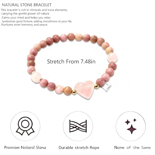 Heart Crystal Bracelet,Natural Gemstone Healing Bead Bracelet | Handmade Jewelry Gifts for Women Men,Graduation Gift for Her - color: Rhodonite Bracelet