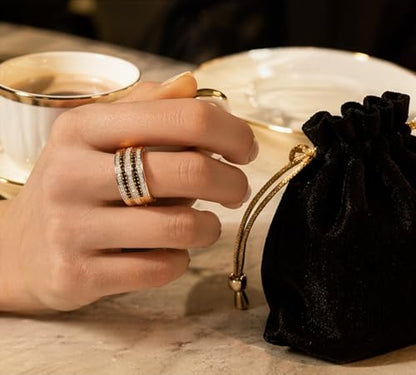 Hexa Wide Band Statement Ring, Fashion Rings for Women, Elegant Gold Jewelry Accessories,Perfect for Party & Date Night, Hypoallergenic & Durable - color: Gold Black
