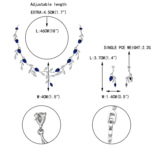 Cubic Zirconia Leaf Vine Wedding Jewelry Set for Bride Women Bridesmaid | Pear-Shaped Birthstone, Necklace Dangle Earrings for Bridesmaid, Silver-Plated-Brass - color: 2pcs_Sapphire Blue