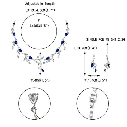 Cubic Zirconia Leaf Vine Wedding Jewelry Set for Bride Women Bridesmaid | Pear-Shaped Birthstone, Necklace Dangle Earrings for Bridesmaid, Silver-Plated-Brass - color: 2pcs_Sapphire Blue