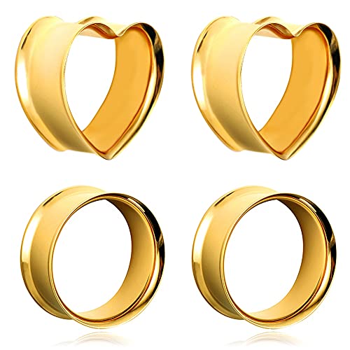 Casvort 4 PCS 8mm-25mm Hypoallergenic 316 Stainless Steel Cute Heart Double Flared Ear Gauges Plugs Ear Tunnels Saddle Plugs Body Piercing Jewelry - color: Gold, size: 00G (10mm)