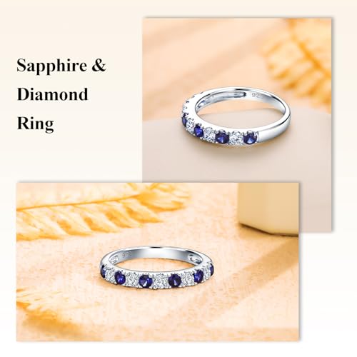 Bezel Set Birthstone Wedding Band 14K Gold Sterling Silver Stackable Half Eternity Band Rings 2.5mm Wide Ruby/Amethyst/Sapphire/Emerald Green/Aquamarine Ring for Women, Send Gift Box - style: 09-Created Sapphire & CZ