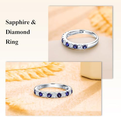 Bezel Set Birthstone Wedding Band 14K Gold Sterling Silver Stackable Half Eternity Band Rings 2.5mm Wide Ruby/Amethyst/Sapphire/Emerald Green/Aquamarine Ring for Women, Send Gift Box - style: 09-Created Sapphire & CZ