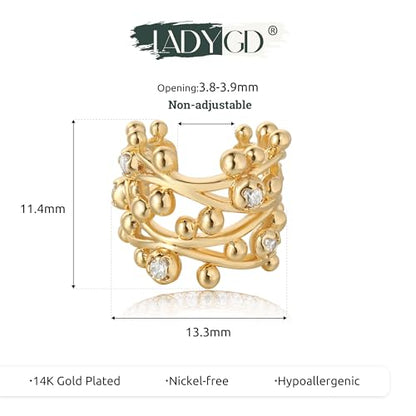 Sparkle Ear Cuff for Women, Non Piercing Single | 14K Gold Plated Brass, Clear Cubic Zirconia Accents, Fixed 3.8-3.9 mm Opening, Single Non-Piercing Cuff For Ear Stacks - style: Bubble Twist