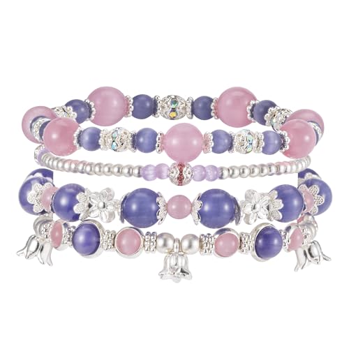 Besydec Stackable Boho Beaded Bracelets With Natural Stone & Pearl Heart & Clay Beads for Women,Adjustable Silver Jewelry - color: Purple Pink