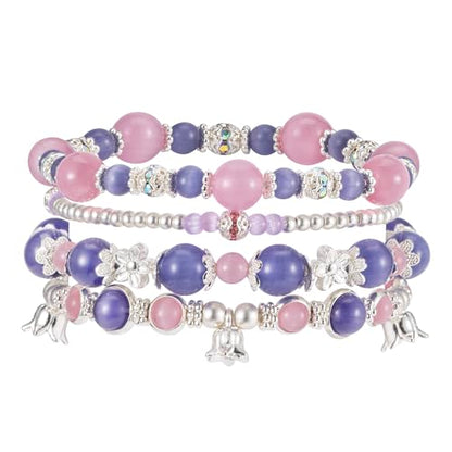 Besydec Stackable Boho Beaded Bracelets With Natural Stone & Pearl Heart & Clay Beads for Women,Adjustable Silver Jewelry - color: Purple Pink
