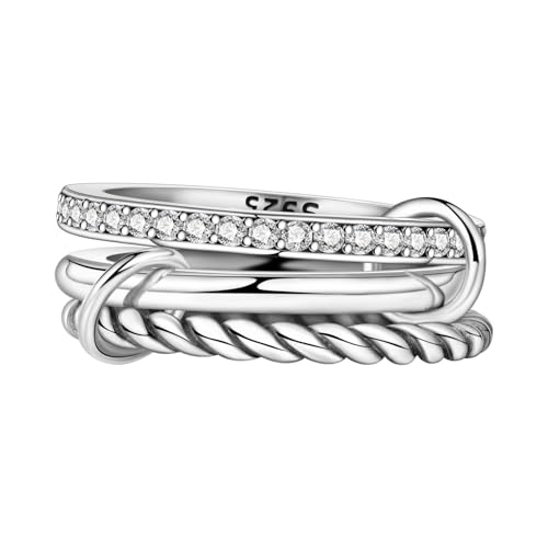Stackable Patterned Ring 925 Sterling Silver with Cubic Zirconia – Simple CZ Stacking Ring for Women | Dainty Silver Ring S925 Hypoallergenic Jewelry - color: 3PCS Rings